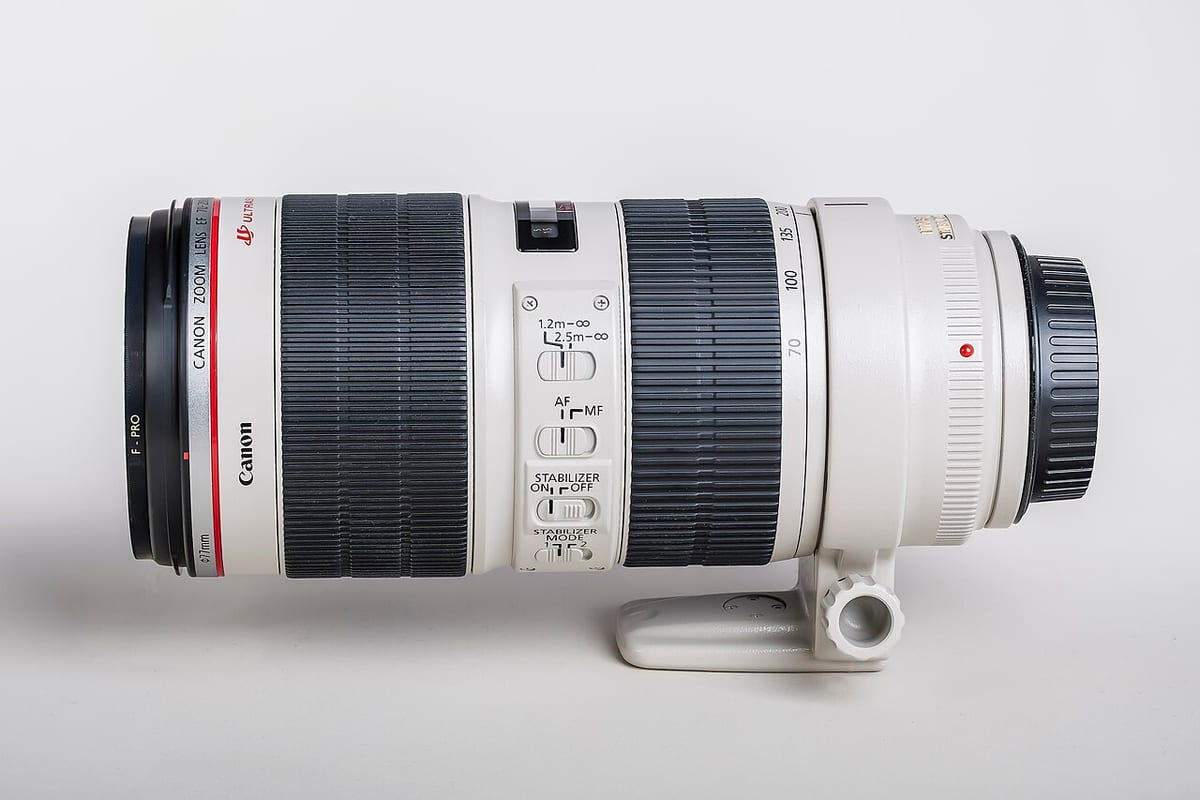 Ein weißes Telezoom-Objektiv mit Stativschelle, seitlich vor hellem Hintergrund